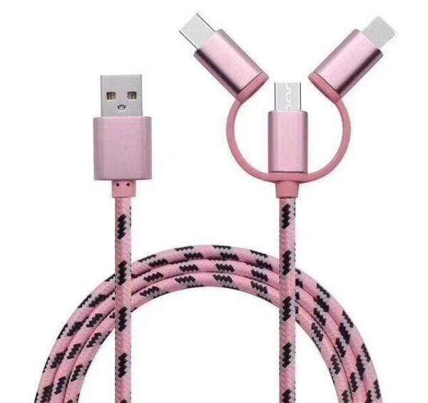 Dealer de Coque Câble / Chargeur 100 cm / Pink Cable 3 en 1 - prise Androïd, USB-C et Lightning
